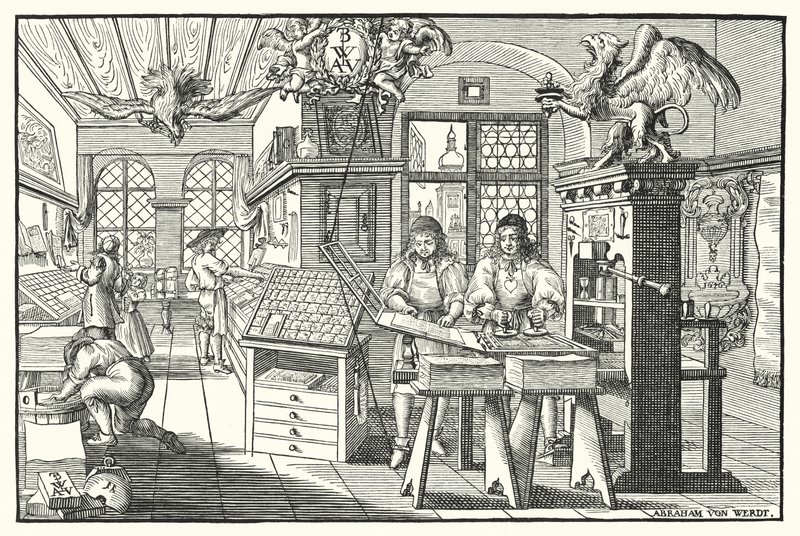 Interior de un taller de imprenta de libros, c1676 de European School