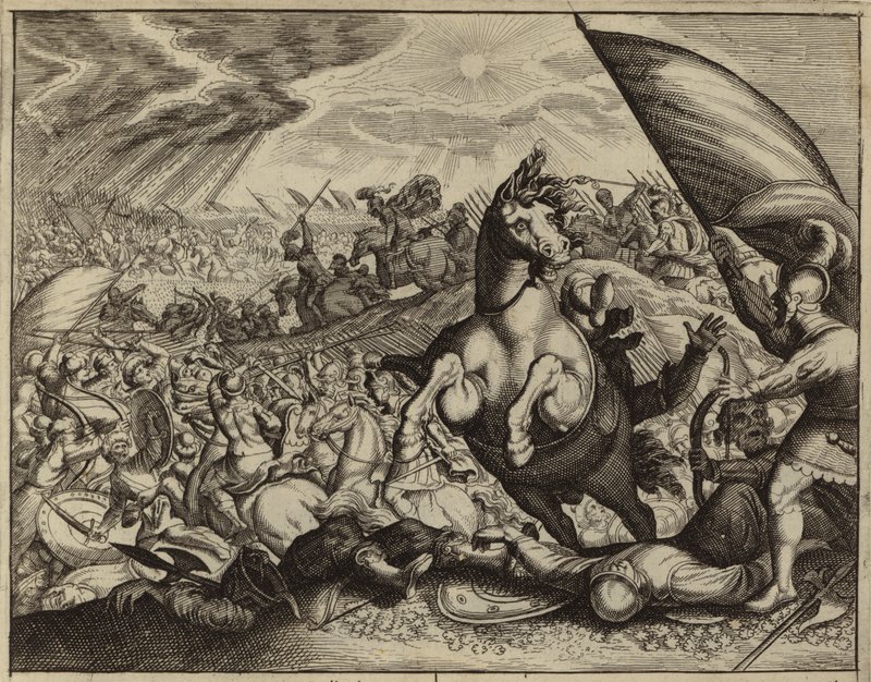 Israelitas derrotando al ejército amorreo después de que Josué ordenó al Sol y a la Luna que se detuvieran (grabado) de European School