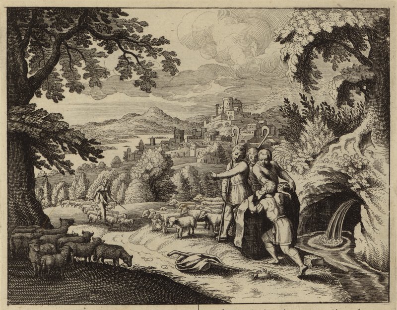 Jacob haciendo rodar la piedra de la boca del pozo para dar de beber a las ovejas de Labán (grabado) de European School