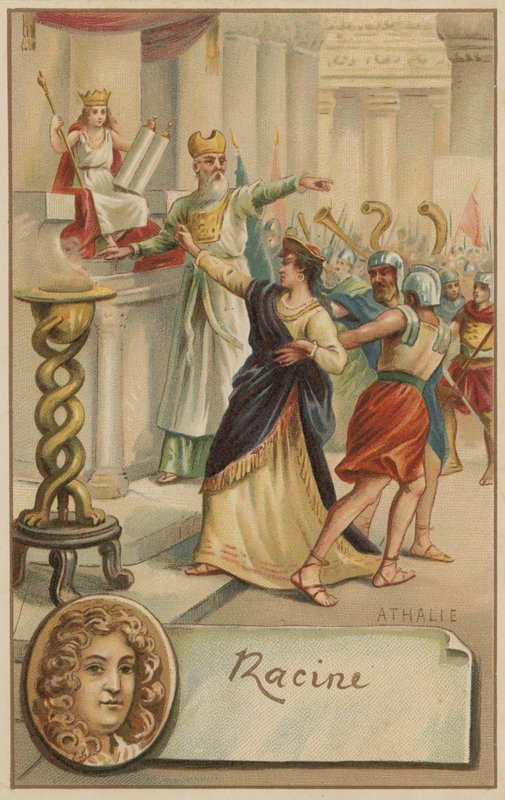 Jean Racine, dramaturgo francés, y una escena de su obra Athalie (1691) de European School