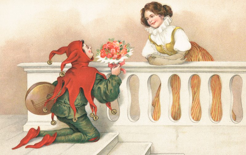 Bufón presentando rosas a una chica guapa en un balcón (cromolito) de European School