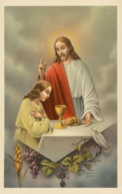 Jesucristo bendiciendo a una niña que toma la Sagrada Comunión (litografía en color) de European School
