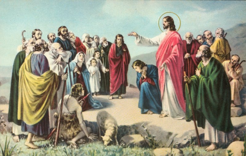 Jesucristo pronunciando el Sermón de la Montaña (litografía en color) de European School