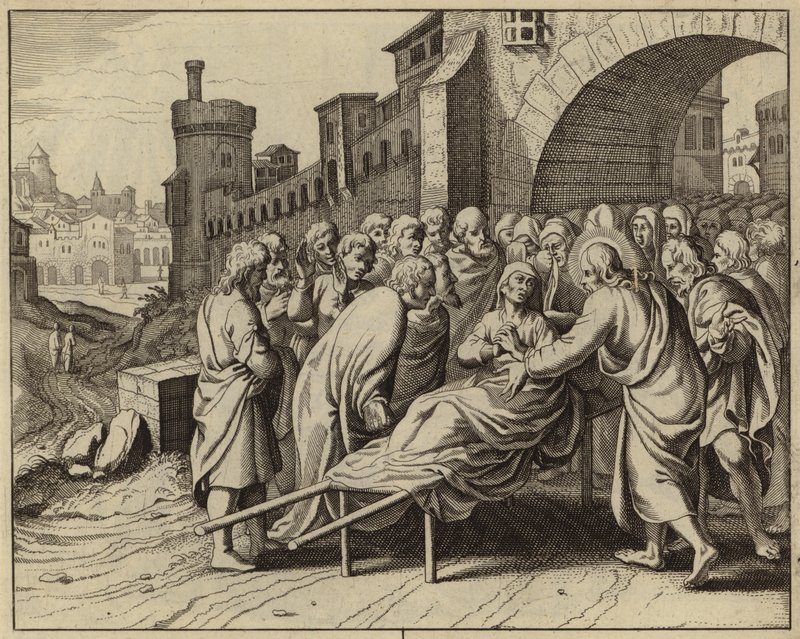 Jesucristo resucitando al hijo de la viuda de Naín de entre los muertos (grabado) de European School