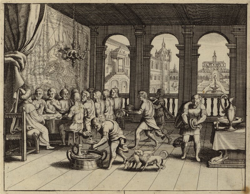 José sirviendo un banquete a sus hermanos en Egipto (grabado) de European School