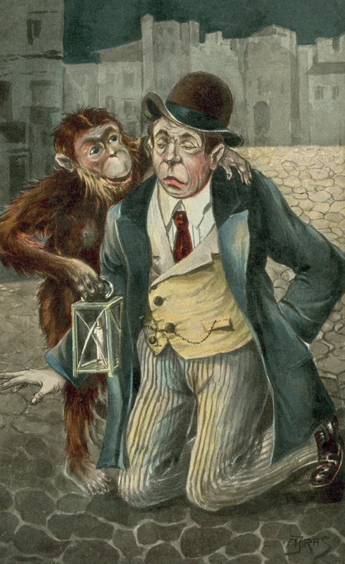 Hombre arrodillado y chimpancé (litografía en color) de European School