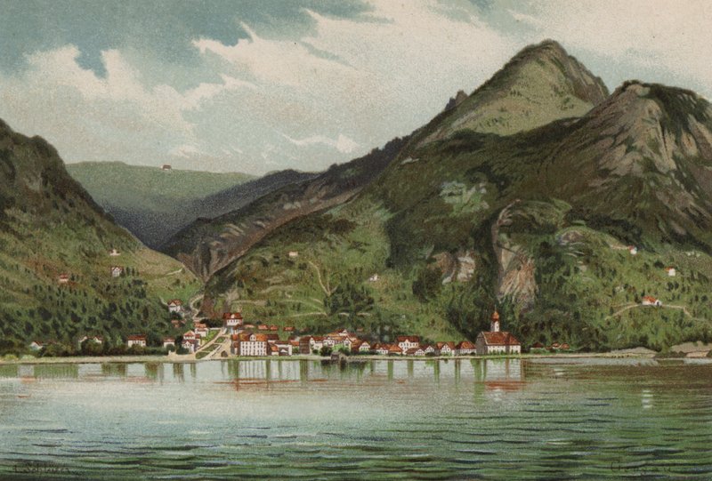 Lago de Lucerna: Gersau (litografía en color) de European School