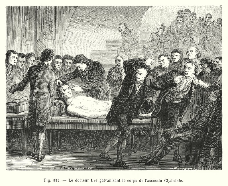 El doctor Ure galvanizando el cuerpo del asesino Clydsdale de European School