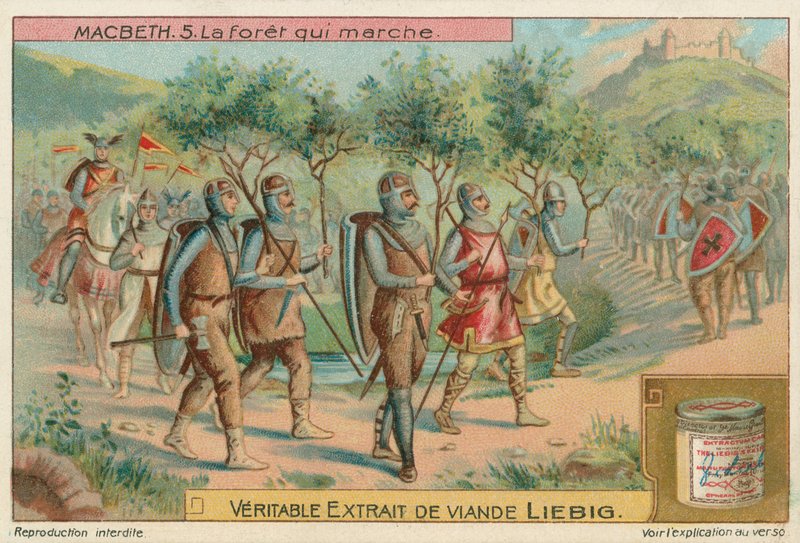Macbeth. El bosque que marchaba, tarjeta Liebig, principios del siglo XX (cromo) de European School