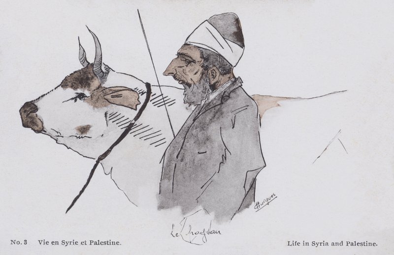 El hombre y el ganado, la vida en Siria y Palestina (litografía en color) de European School