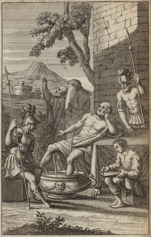 Hombre bañándose y pensando, posiblemente Arquímedes (grabado) de European School