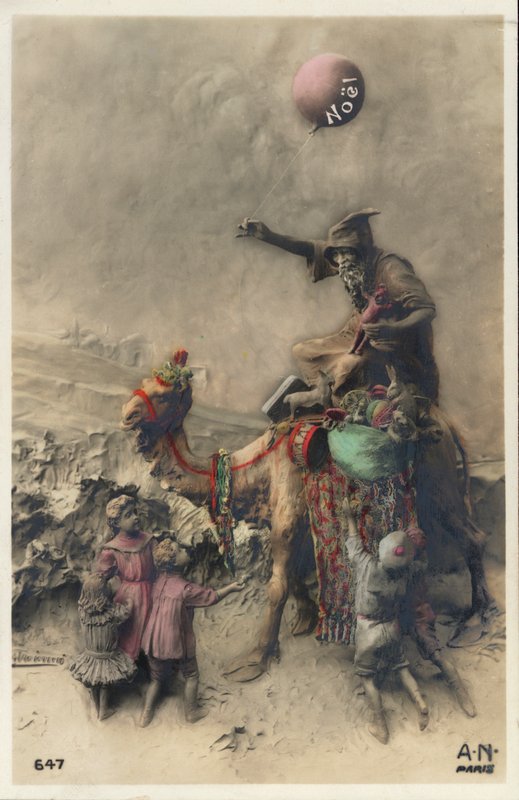 Hombre en camello llevando regalos a los niños en Navidad. (litografía en color) de European School