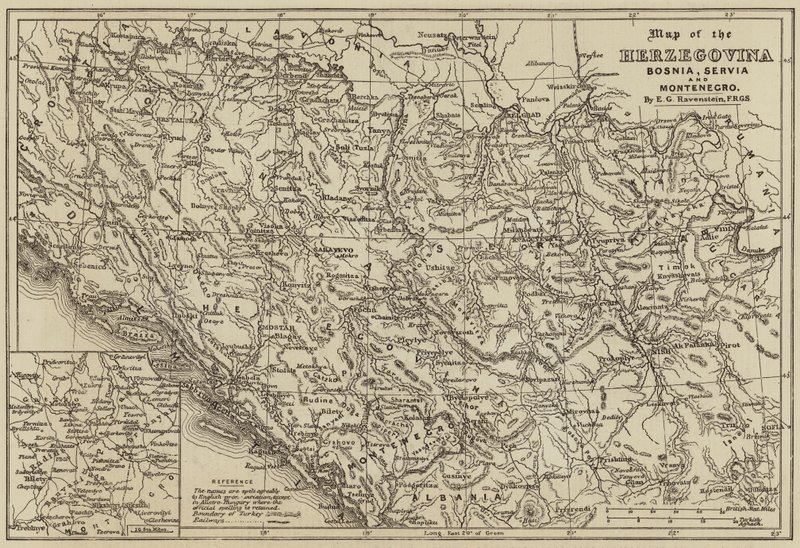 Mapa de Herzegovina, Bosnia, Servia y Montenegro (grabado) de European School