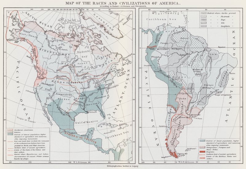 Mapa de las razas y civilizaciones de América (litografía en color) de European School