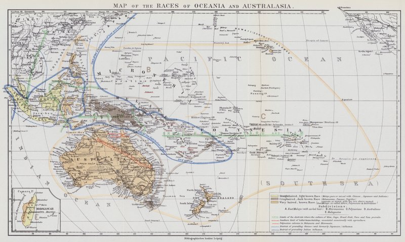 Mapa de las razas de Oceanía y Australasia (litografía en color) de European School