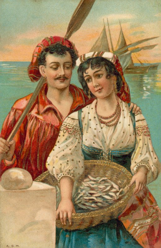Pescador y mujer mediterráneos (litografía en color) de European School