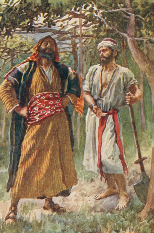Hombres de Oriente Medio en un bosquecillo (litografía en color) de European School