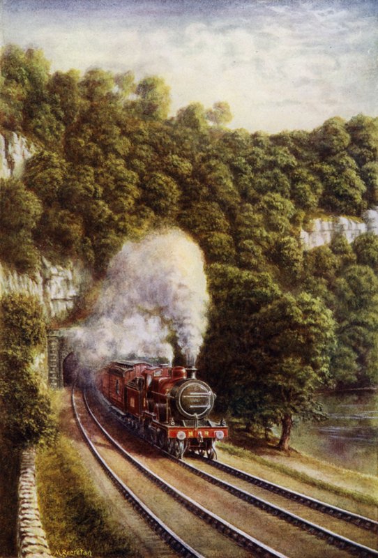 Tren expreso Midland Scotch en el ferrocarril Midland que viaja a través de los valles de Yorkshire (litografia en color) de European School