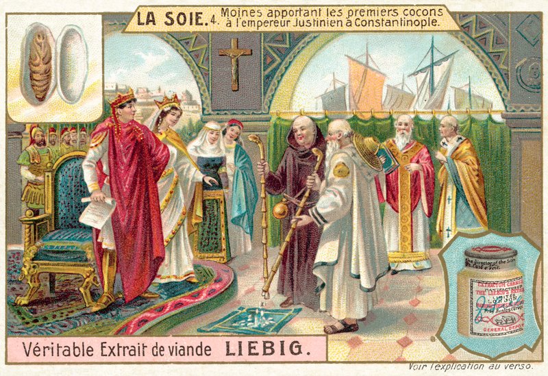 Monjes llevando los primeros capullos de seda al Emperador Justiniano en Constantinopla de European School