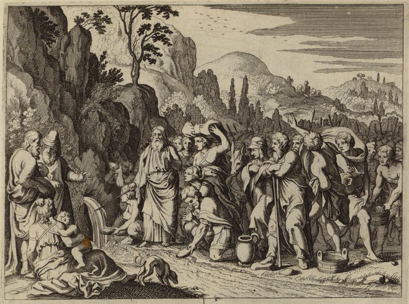 Moisés golpeando la roca con su vara para sacar agua (grabado) de European School