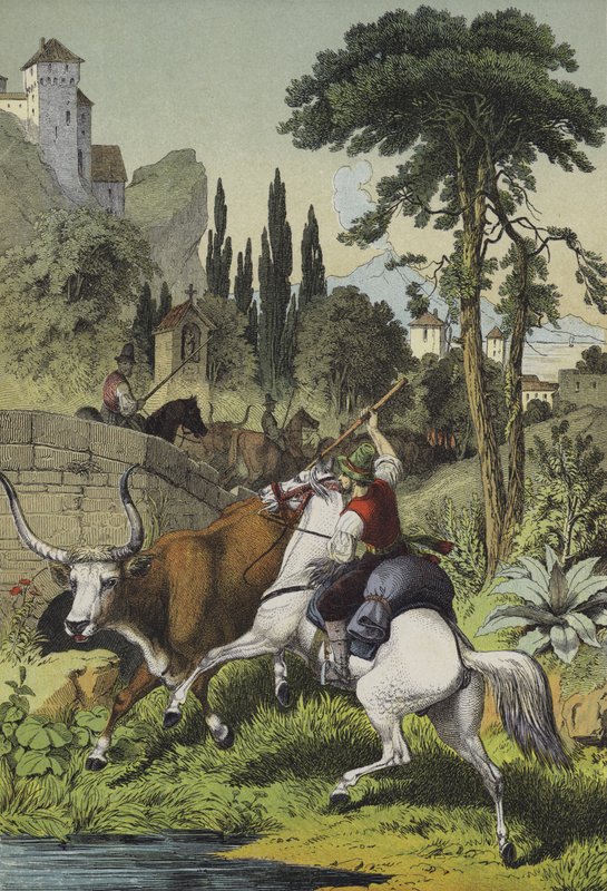 Pastores montados en Italia persiguiendo un toro de las estepas en un paisaje con castaños silvestres, pinos de racimo y álamos italianos de European School