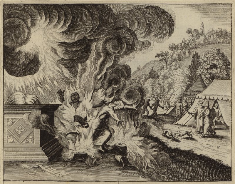 Nadab y Abiú consumidos por el fuego por desobedecer la ley de Dios (grabado) de European School
