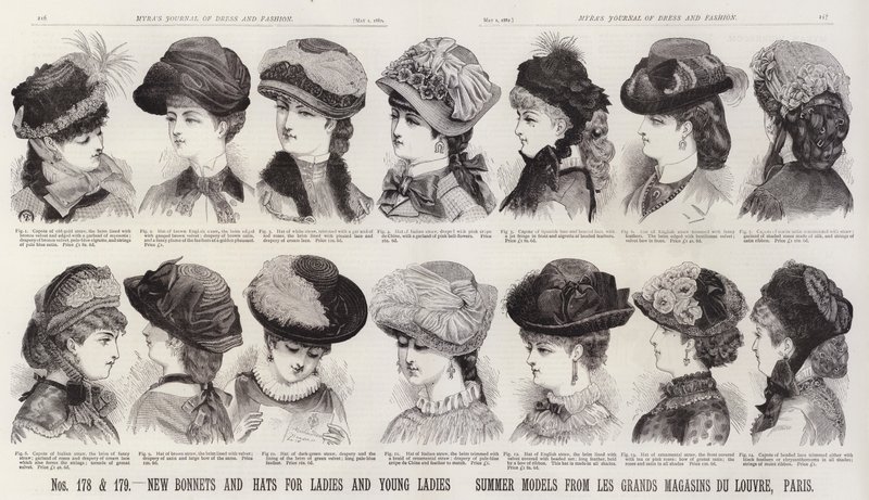 Nuevos sombreros y tocados para damas y señoritas; Modelos de verano de Les Grands Magasins Du Louvre, París de European School