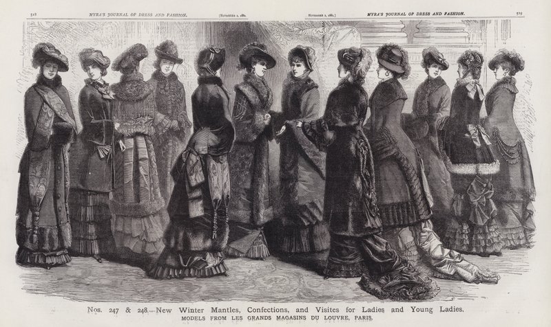 Nuevos mantos de invierno, confecciones y visitas para señoras y señoritas, modelos de Les Grands Magasins du Louvre, París (grabado) de European School