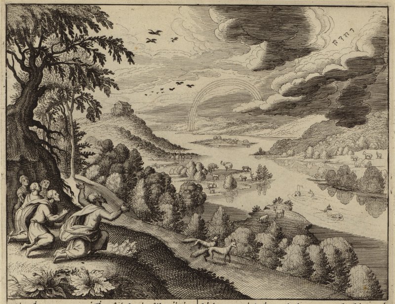 Noé mirando el arcoíris, señal de Dios de que el diluvio no volvería a ocurrir (grabado) de European School