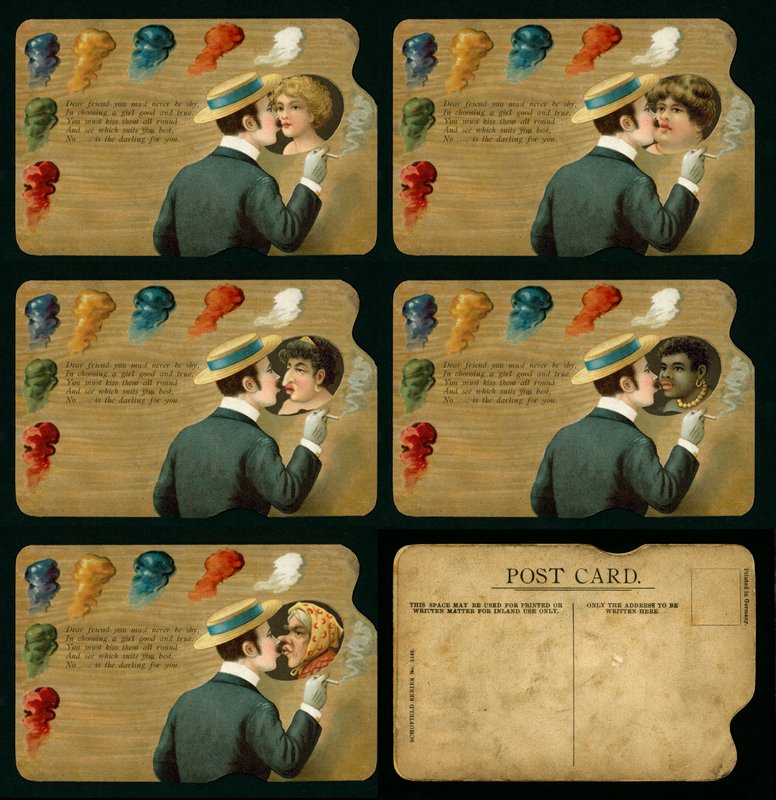 Novedosa tarjeta postal que muestra a un hombre besando a cinco chicas diferentes (litografía en color) de European School
