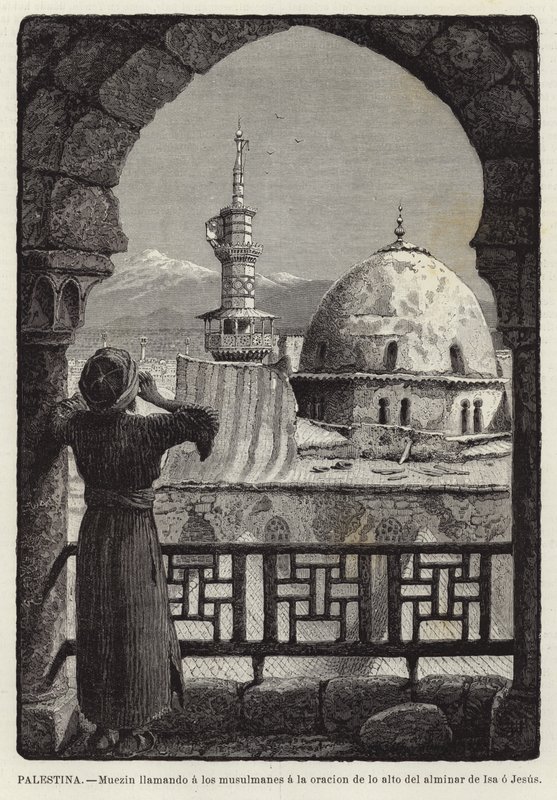 Palestina, Muecín llamando a los musulmanes a la oración desde lo alto del alminar de Isa o Jesús de European School