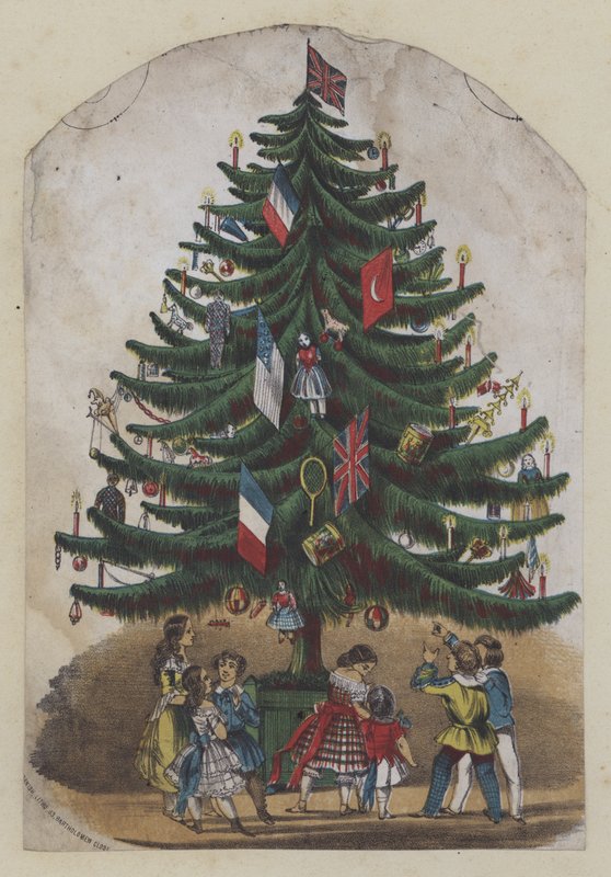 Personas bajo un árbol de Navidad, tarjeta de felicitación (litografia en color) de European School