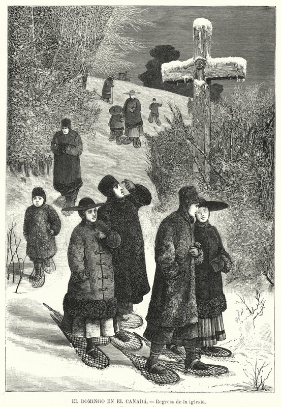 Personas con raquetas de nieve regresando de la iglesia el domingo, Canadá de European School
