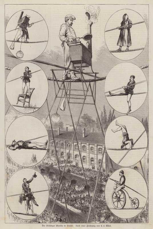Actuación del equilibrista y acróbata francés Charles Blondin en Bruselas de European School