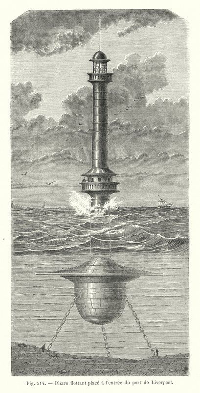 Faro flotante colocado en la entrada del puerto de Liverpool (grabado) de European School