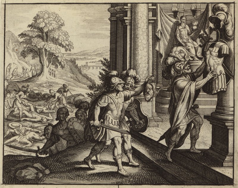 Filisteos poniendo la cabeza de Saúl en el templo de su dios Dagón (grabado) de European School