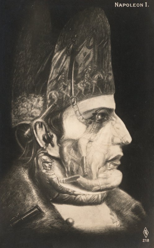 Retrato de Napoleón Bonaparte, con escenas de sus batallas dibujadas en la cara y el sombrero (litografía) de European School