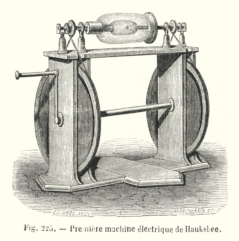 Primera máquina eléctrica de Hauksbee (grabado) de European School