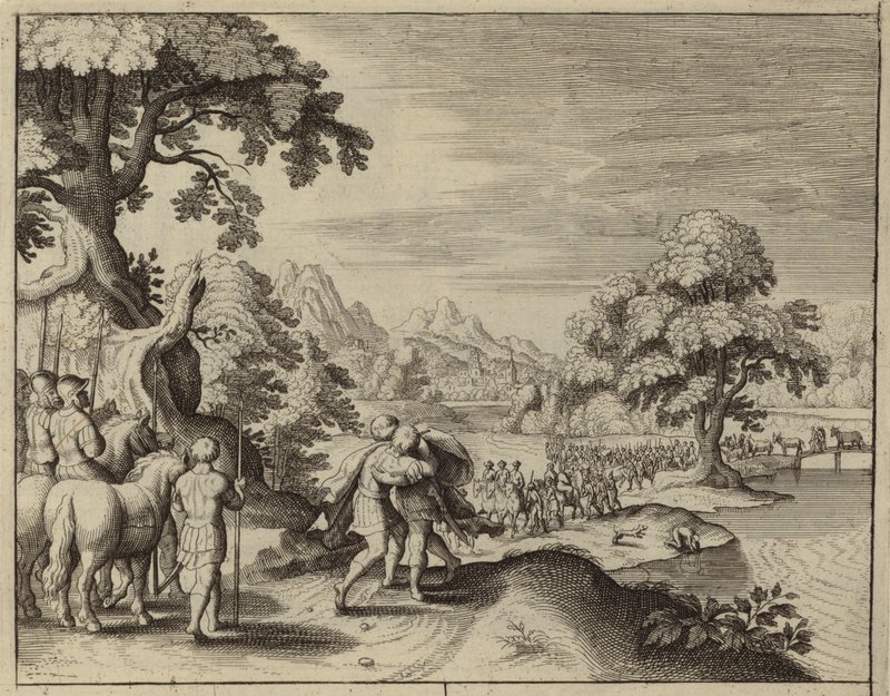 Reconciliación de Jacob y Esaú (grabado) de European School