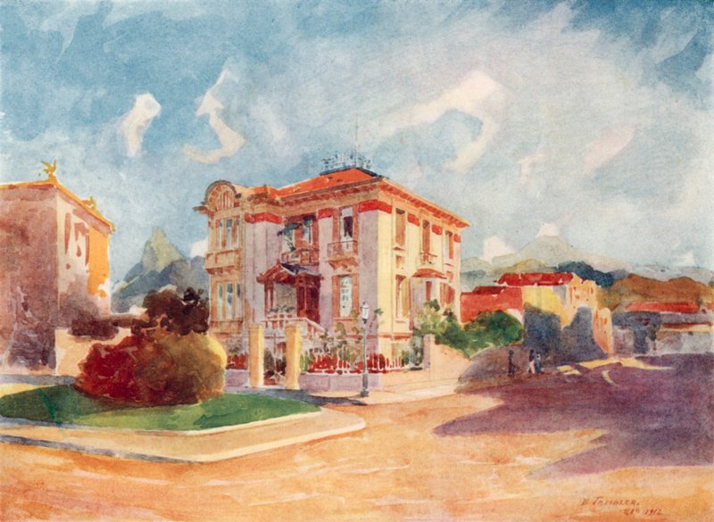 Residencia de S.E. el Dr. Pedro de Toledo, ex Ministro de Agricultura, Avenida Beira Mar (litografía en color) de European School