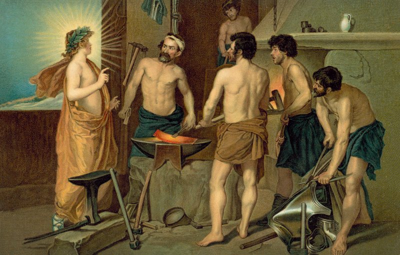 Santa apareciéndose a los herreros en una fragua (cromolito) de European School