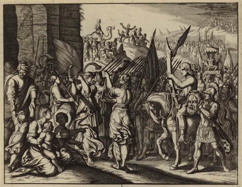 Saúl acompañando a David con la cabeza de Goliat (grabado) de European School