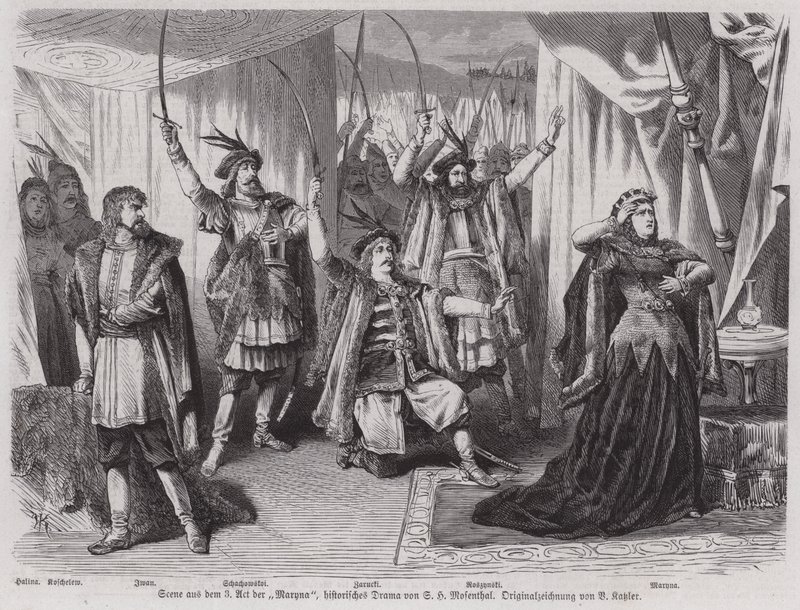 Escena del Acto III del drama histórico Maryna del dramaturgo alemán Salomon Hermann Mosenthal de European School