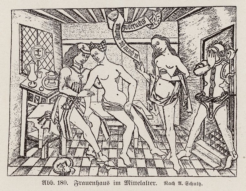 Escena en un Frauenhaus, un burdel alemán de finales de la Edad Media (grabado) de European School