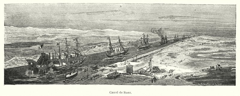 Barcos pasando por el Canal de Suez, Egipto (litografía) de European School