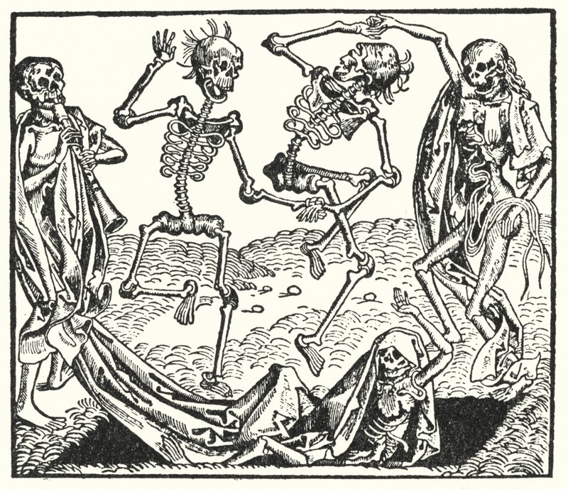 Esqueletos de una danza de la muerte medieval de European School
