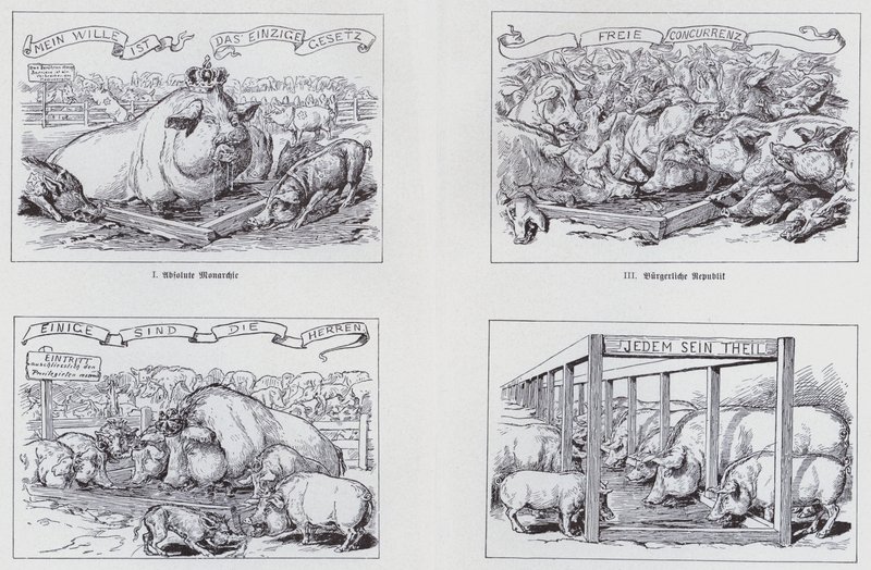 Caricatura socialista de 1895 sobre diferentes formas de gobierno de European School