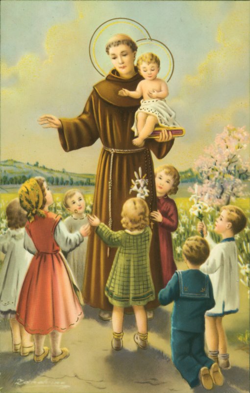 San Francisco de Asís con el Niño Jesús y los niños (litografía en color) de European School