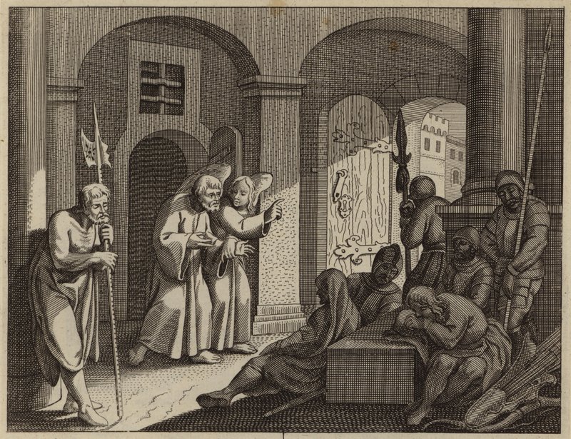 San Pedro liberado de la prisión por un ángel (grabado) de European School
