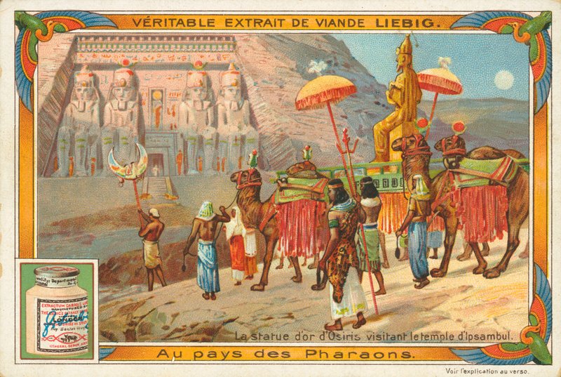 Estatua de Osiris visitando el templo de Ipsambul, tarjeta Liebig, principios del siglo XX (cromo) de European School